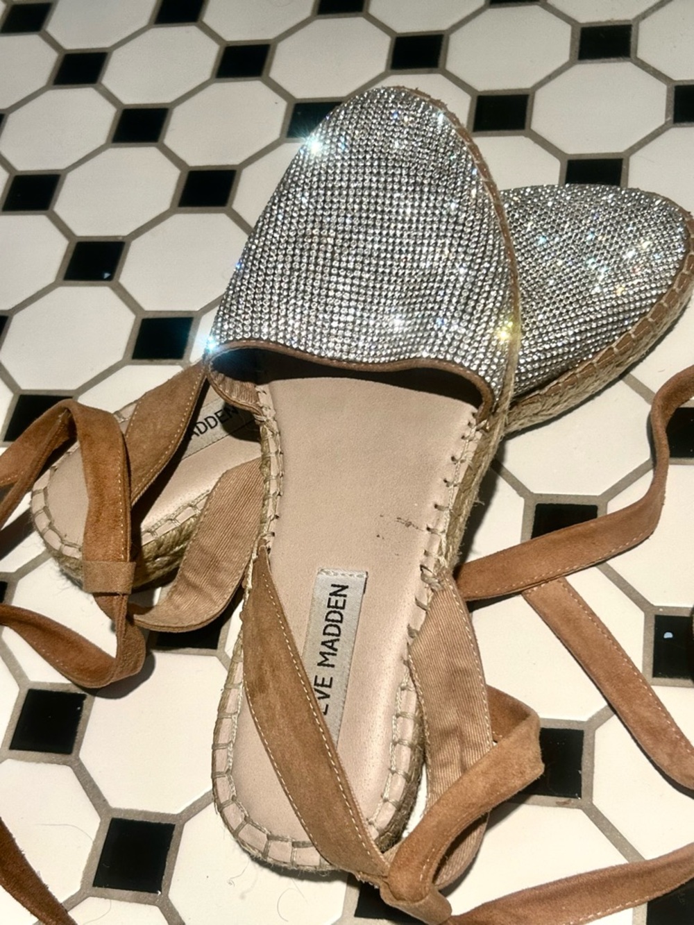 Sparkly Steve Madden Crystal Espadrille Lace-Up Ballet Flats